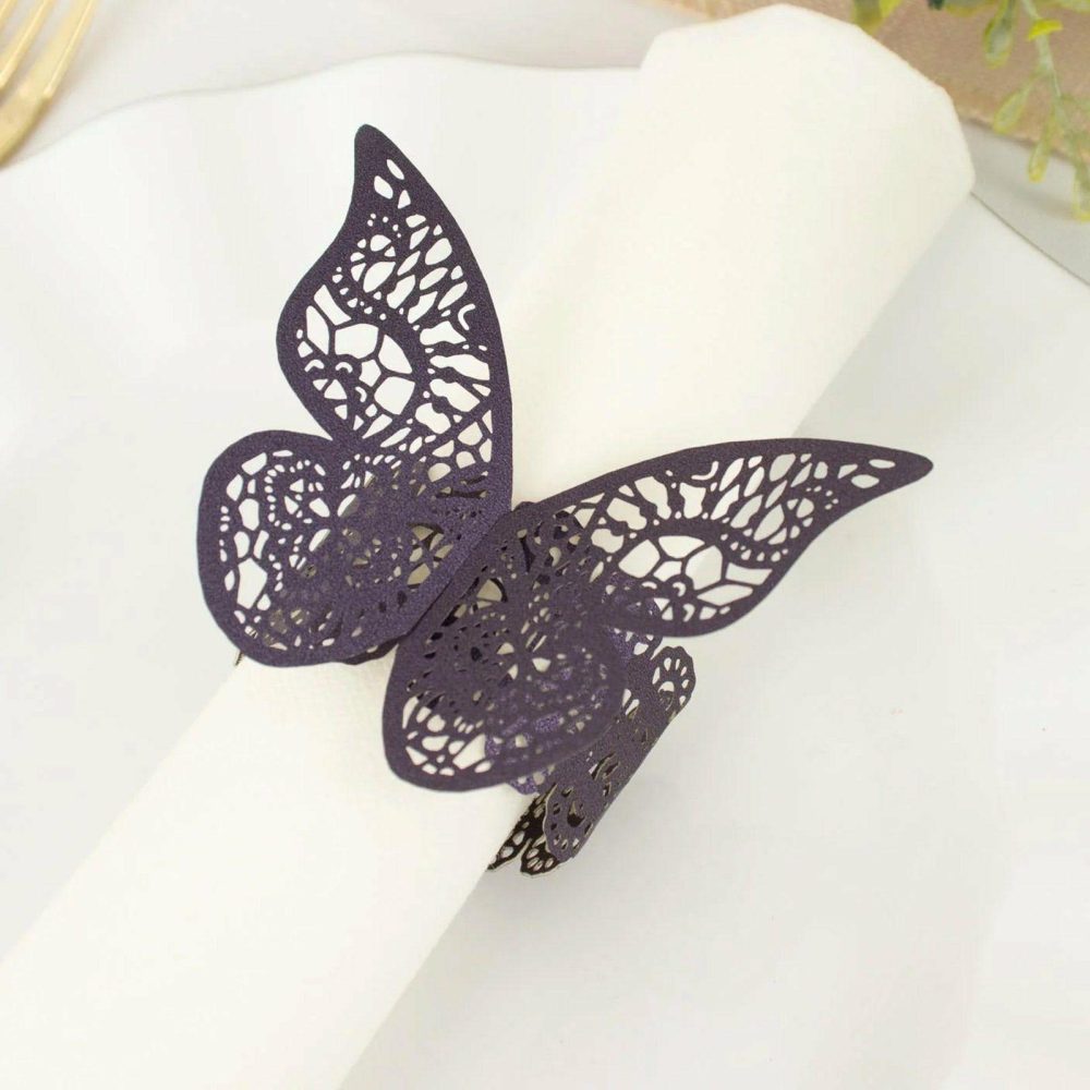 12 Pack Purple Shimmery Laser Cut Butterfly Paper Napkin Rings, Chair Sash Bows, Serviette Holders  |   Napkin Rings Cloth Napkins Napkin Rings