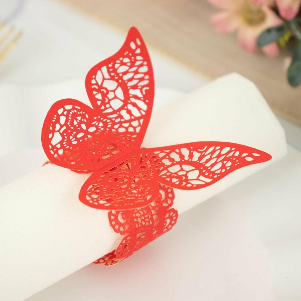 12 Pack Red Shimmery Laser Cut Butterfly Paper Napkin Rings, Chair Sash Bows, Serviette Holders  |   Napkin Rings Cloth Napkins Napkin Rings