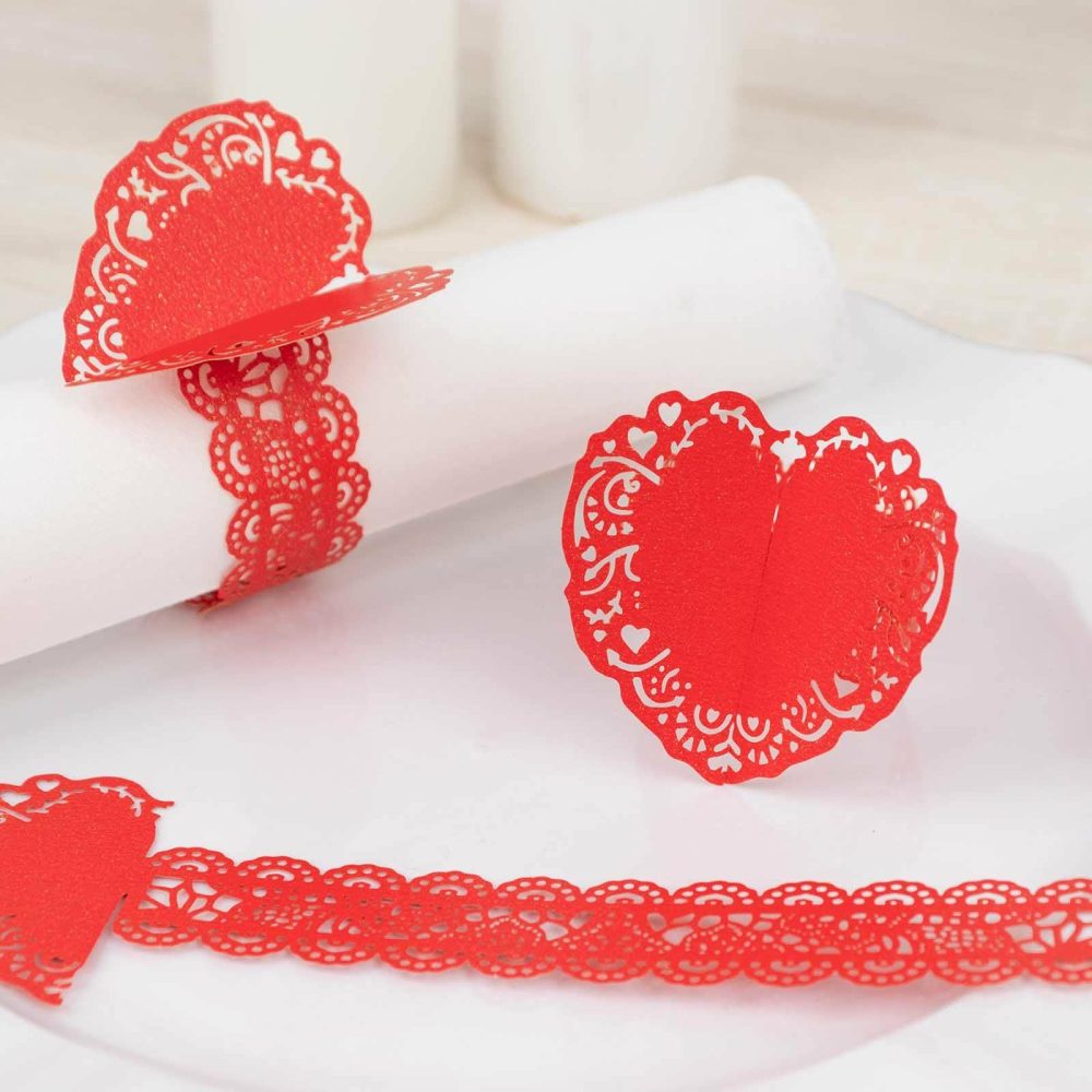 12 Pack Red Shimmery Laser Cut Heart Paper Napkin Rings with Lace Pattern, Disposable Napkin Holders Bands  |   Napkin Rings Cloth Napkins Napkin Rings