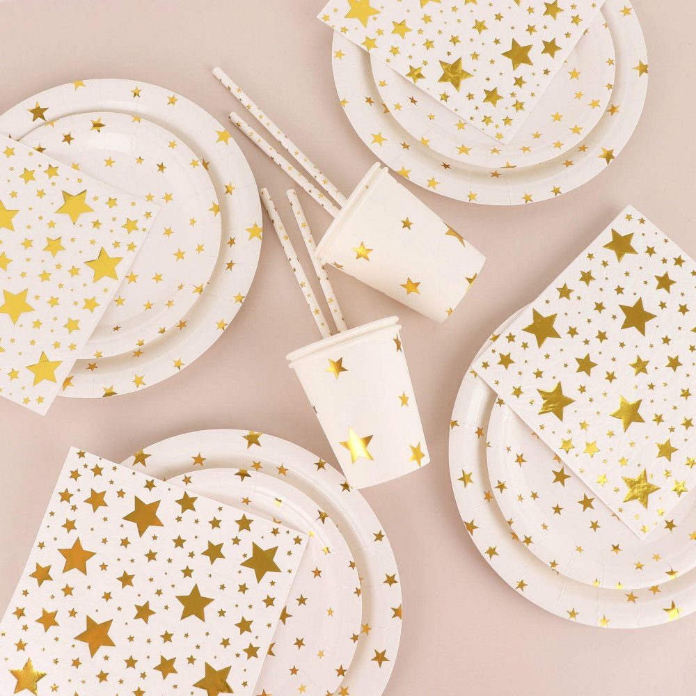 120 Pcs White Gold Stars Disposable Dinnerware Set, Paper Plates Cups Napkins Tableware Combo Pack  |   Eco-Friendly & Paper Plates Disposable Plates Eco-Friendly & Paper Plates