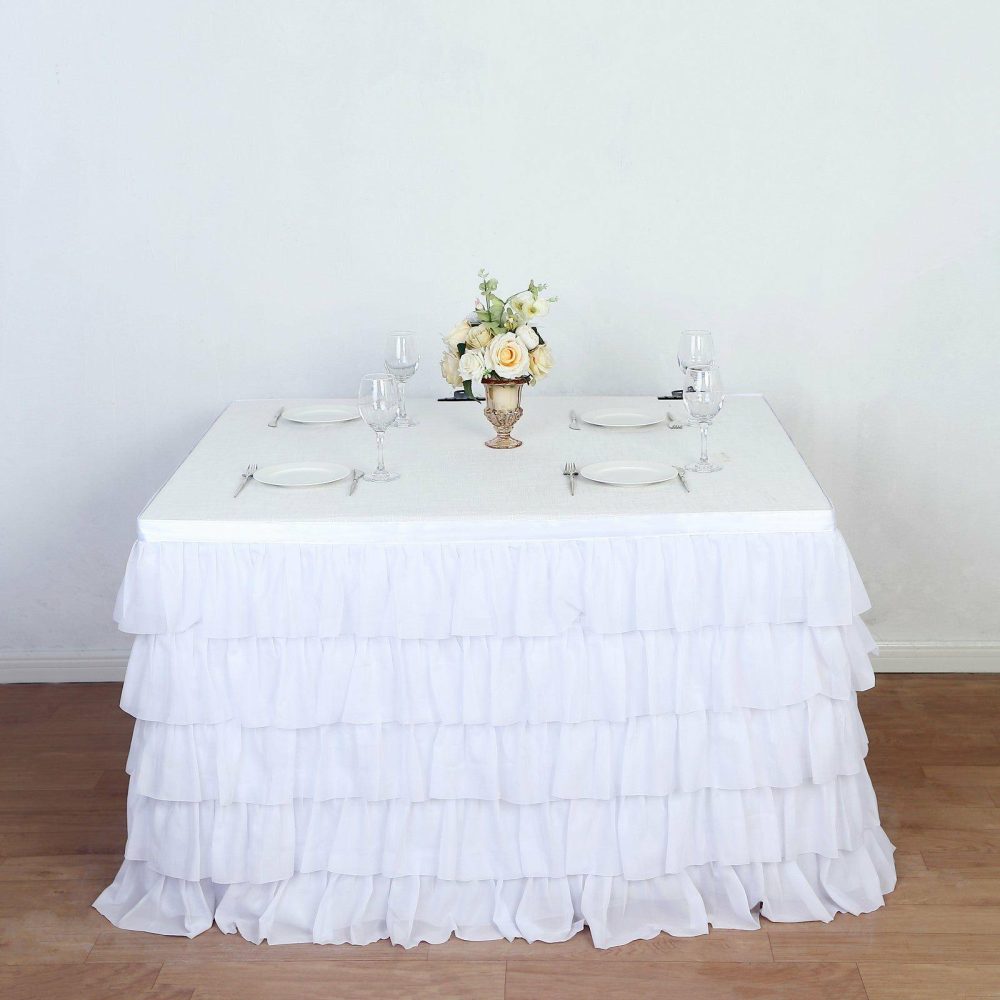 14ft 5-Tier White Chiffon Ruffled Tutu Table Skirt with Satin Backing  |   Ruffled Tulle Ruffled Tulle Ruffled Tulle