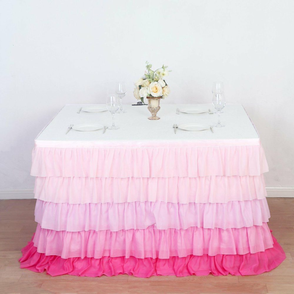 14ft Gradient Pink Chiffon Ruffled Tutu Table Skirt with Satin Backing, 5-Tier Ombre Table Skirting  |   Ruffled Tulle Ruffled Tulle Gradient Pink