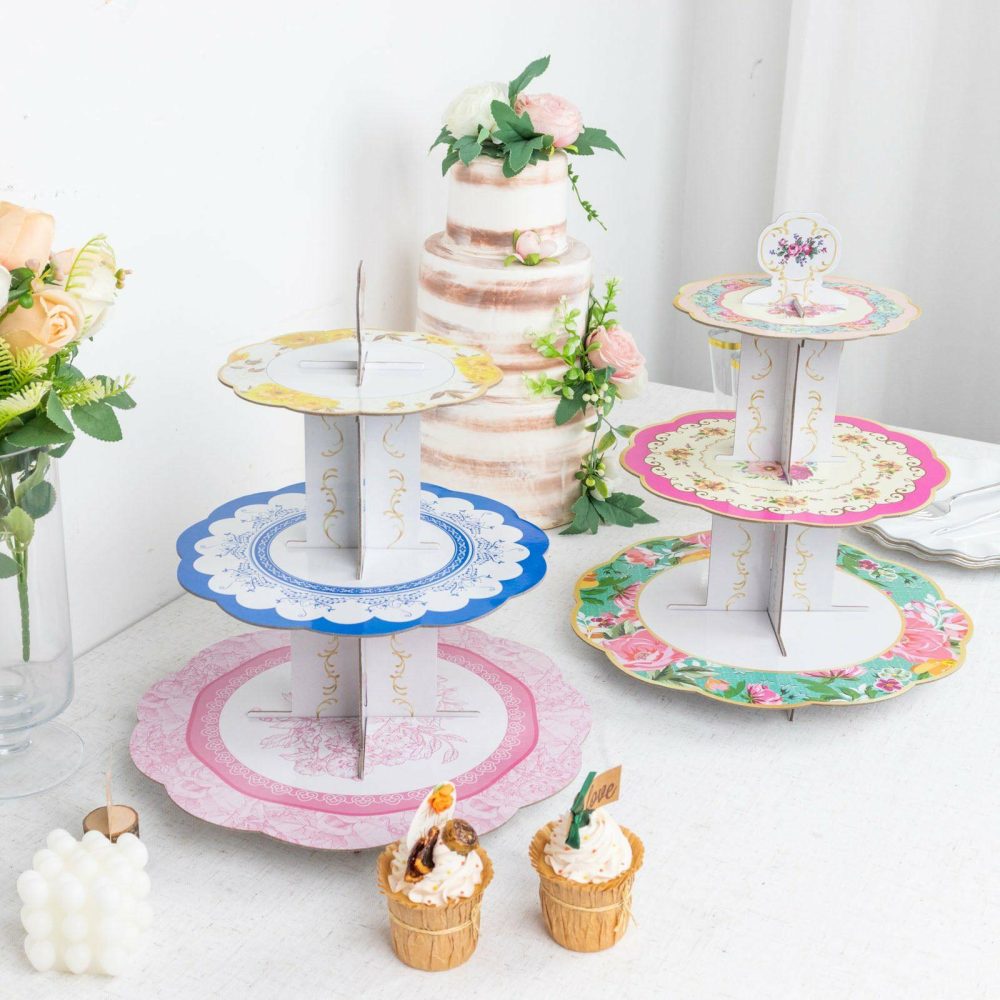 2 Pack 3-Tier Floral Cardboard Dessert Pedestal Display With Scalloped Edges, Round Tea Party Cupcake Stand 14″  |   Servingwares Disposable Plates Servingwares