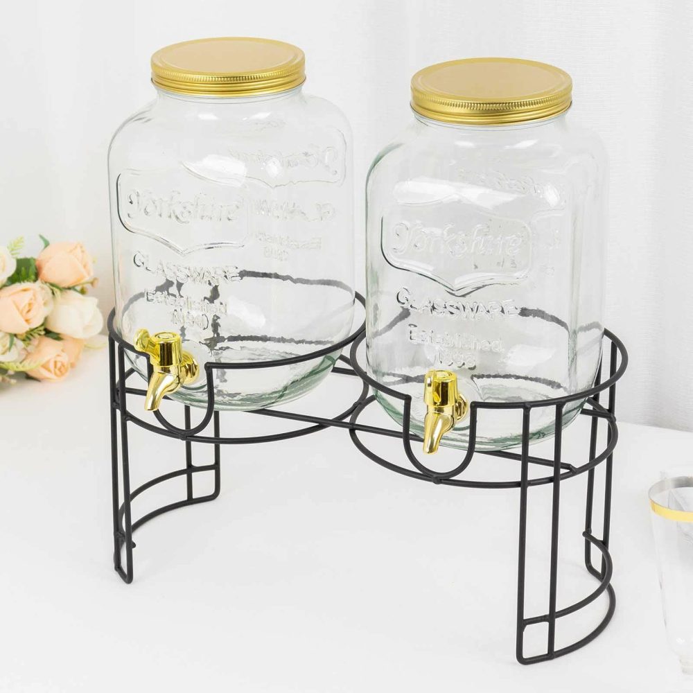 2 Pack Clear Dual Gallon Glass Beverage Dispenser Stand With Gold Metal Lids, Juice Jars With Spigot Included  |   Servingwares Disposable Plates Clear