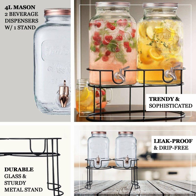 2 Pack Clear Dual Gallon Glass Beverage Dispenser Stand With Rose Gold Metal Lids, Juice Jars With Spigot Included  |   Servingwares Disposable Plates Clear