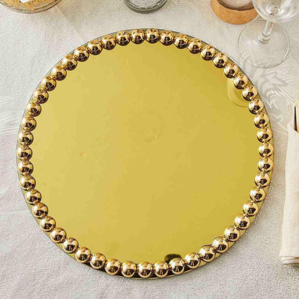 2 Pack Gold  Mirror Glass Charger Plates with Pearl Beaded Rim 13″  |   Glass & Mirror Charger Plate Charger Plates Glass & Mirror Charger Plate