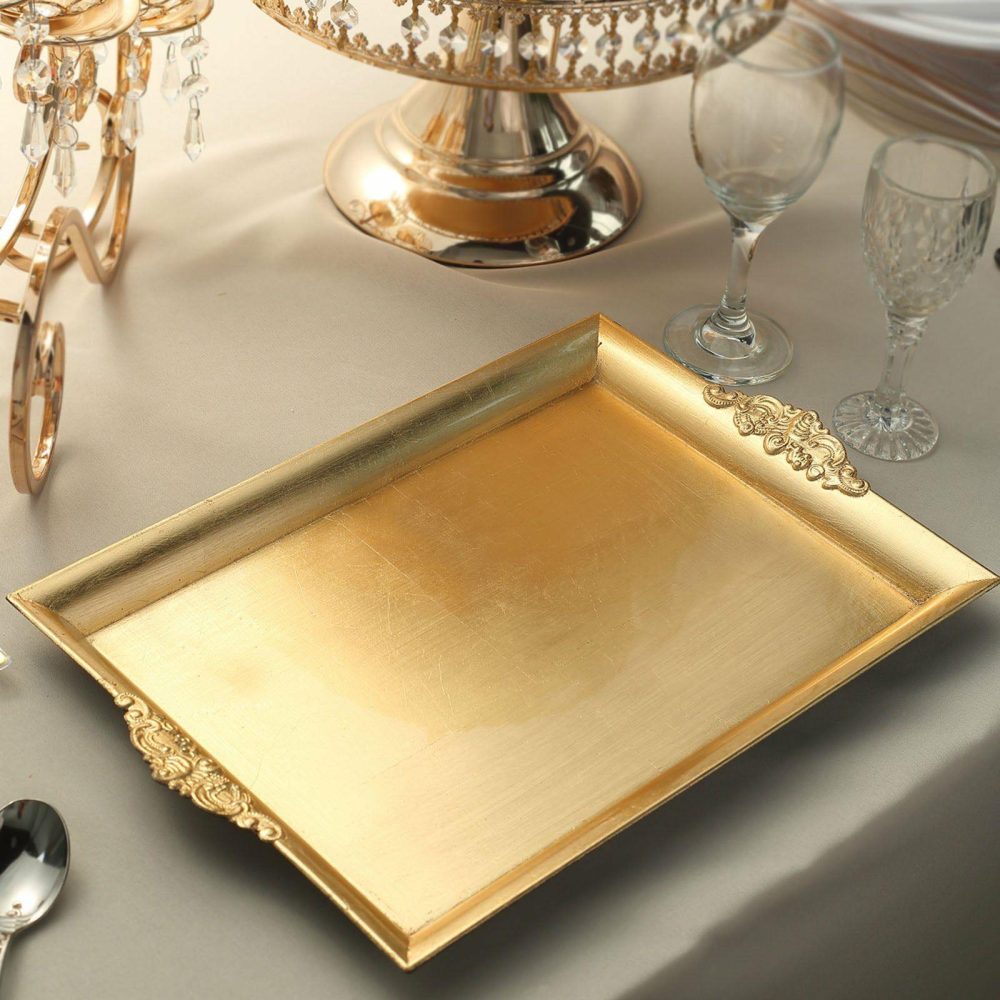 2 Pack Gold Rectangle Decorative Acrylic Serving Trays With Embossed Rims 14″x10″  |   Servingwares Disposable Plates Gold