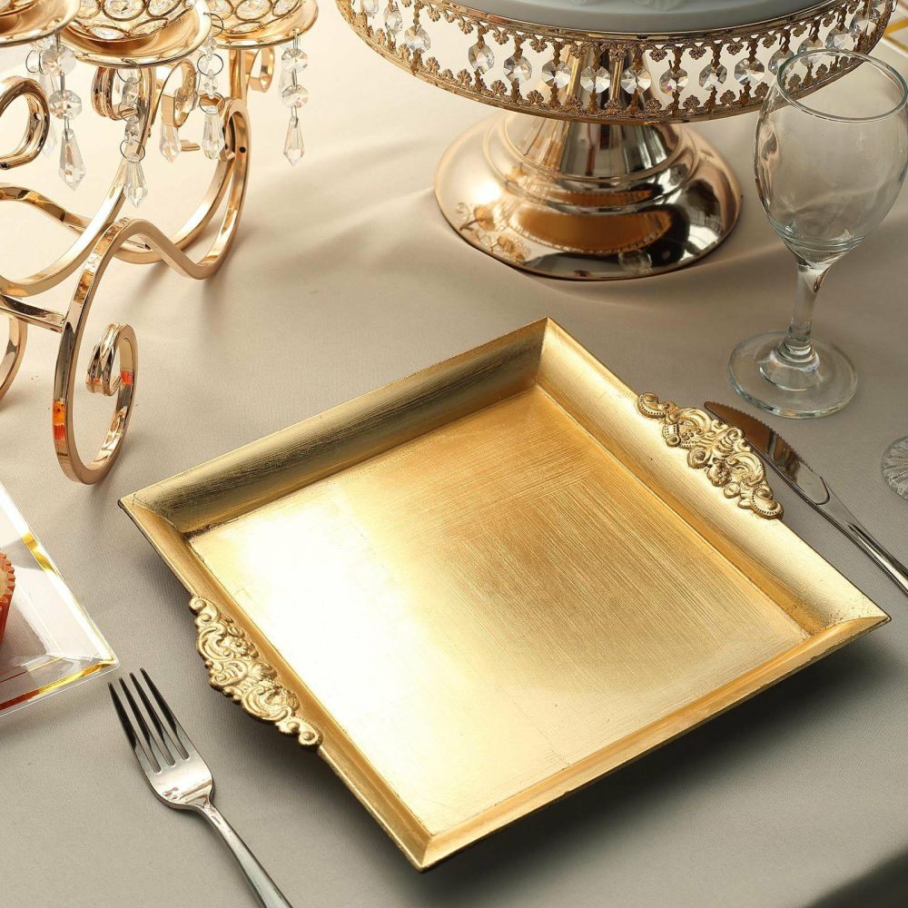 2 Pack Metallic Gold Square Decorative Acrylic Serving Trays With Embossed Rims 10″  |   Servingwares Disposable Plates Gold