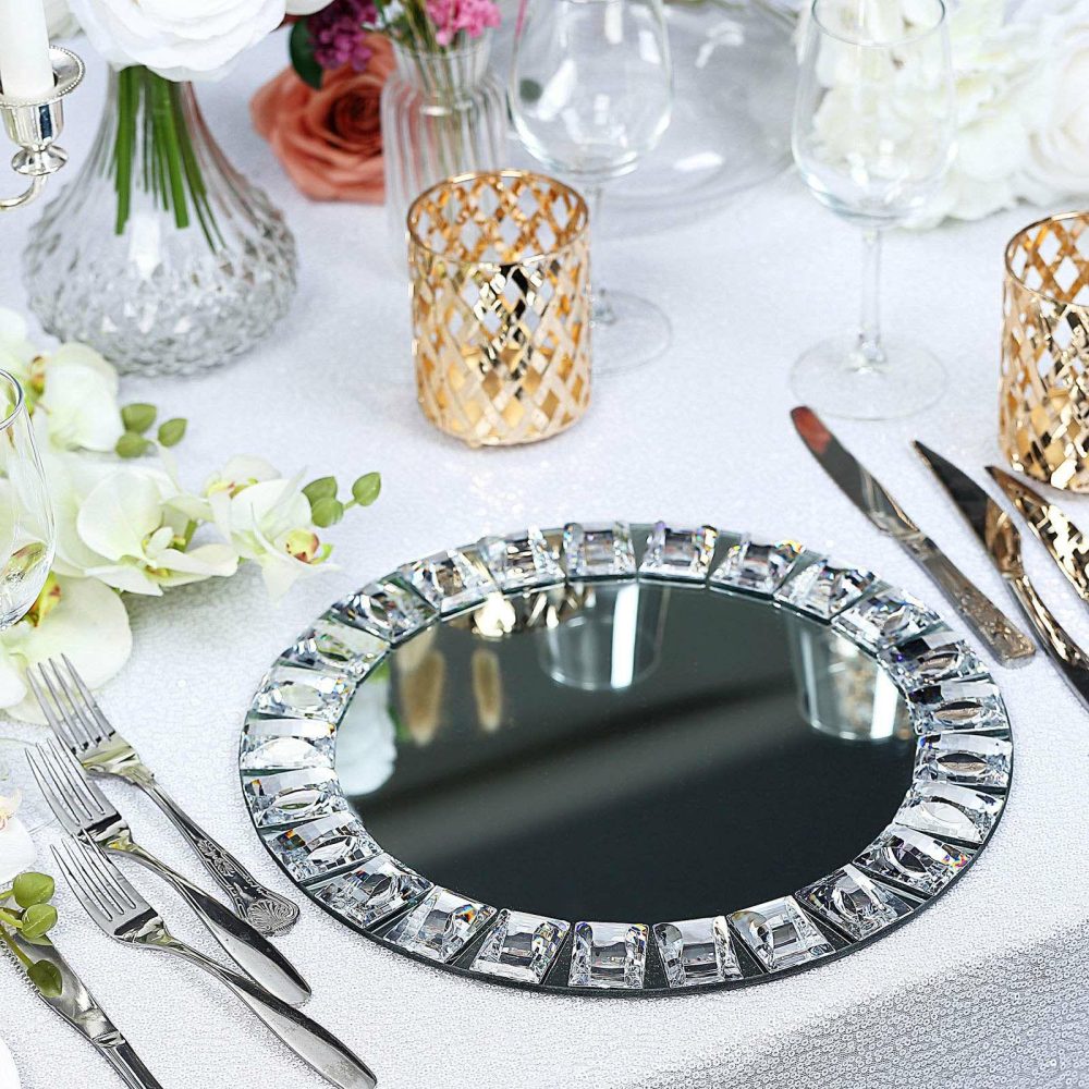 2 Pack Silver Jeweled Rim Premium Glass Mirror Charger Plates 13″  |   Glass & Mirror Charger Plate Charger Plates Glass & Mirror Charger Plate