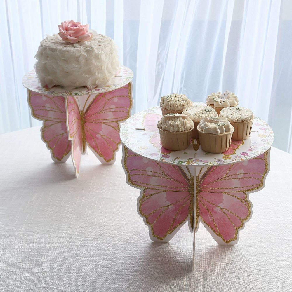 2 Pack White Pink Glitter Butterfly Cake Stands, Floral Print Foam Board Cupcake Dessert Holder Display Stands – 12″  |   Servingwares Disposable Plates Servingwares