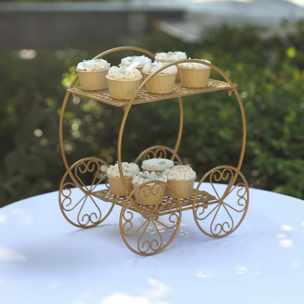 2-Tier Gold Metal Princess Carriage Cupcake Dessert Display Stand, Cinderella Carriage Wedding Cake Stand – 14″  |   Servingwares Disposable Plates Servingwares