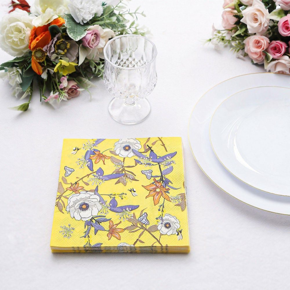 20 Pack Bright Yellow Blooming Flowers Paper Beverage Napkins, Botanical Floral Disposable Cocktail Napkins 18 GSM  |   Paper Napkins Paper Napkins Blooming w/ Butterflies