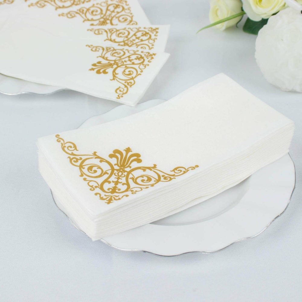 20 Pack Gold Foil White Airlaid Soft Linen-Feel Paper Dinner Napkins, Disposable Hand Towels Fleur Vintage – 8″x4″  |   Paper Napkins Paper Napkins Paper Napkins