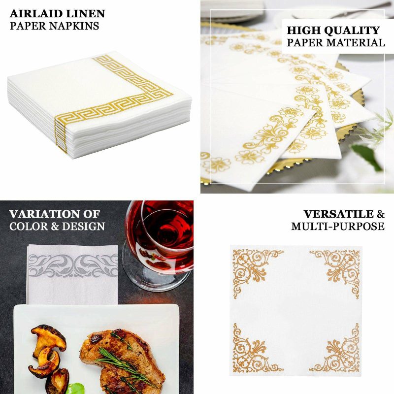 20 Pack Gold Foil White Airlaid Soft Linen-Feel Paper Dinner Napkins, Disposable Hand Towels – Scroll  |   Paper Napkins Paper Napkins Paper Napkins