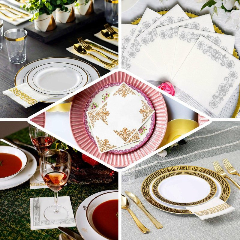 20 Pack Gold Foil White Airlaid Soft Linen-Feel Paper Dinner Napkins, Disposable Hand Towels – Scroll  |   Paper Napkins Paper Napkins Paper Napkins