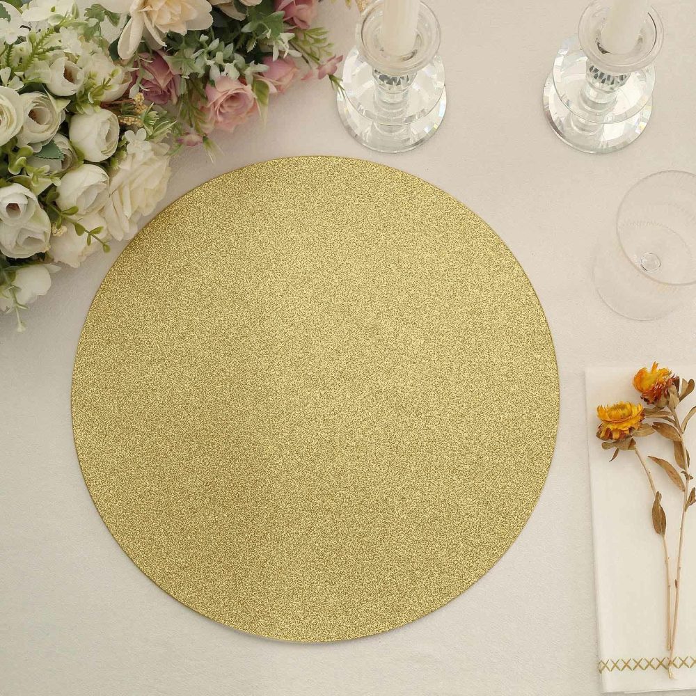 20 Pack Gold Glitter Round Paper Table Placemats, Disposable Dining Table Mats 210 GSM 13″  |   Paper Chargers & Trays Paper Chargers & Trays Gold