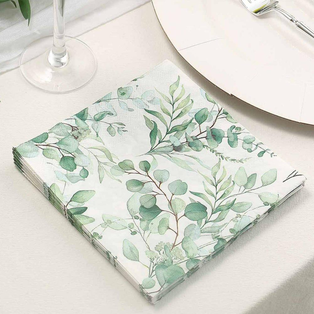 20 Pack Green Foliage Eucalyptus Leaves Design Paper Napkins, Soft 2-Ply Boho Wedding Cocktail Beverage Napkins 18 GSM  |   Paper Napkins Paper Napkins Eucalyptus Leaves