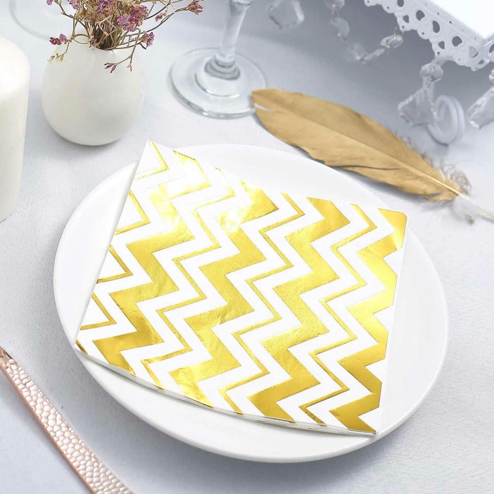 20 Pack Metallic Gold Chevron Paper Dinner Napkins – Wedding Cocktail Napkins 3 Ply  |   Paper Napkins Paper Napkins Chevron