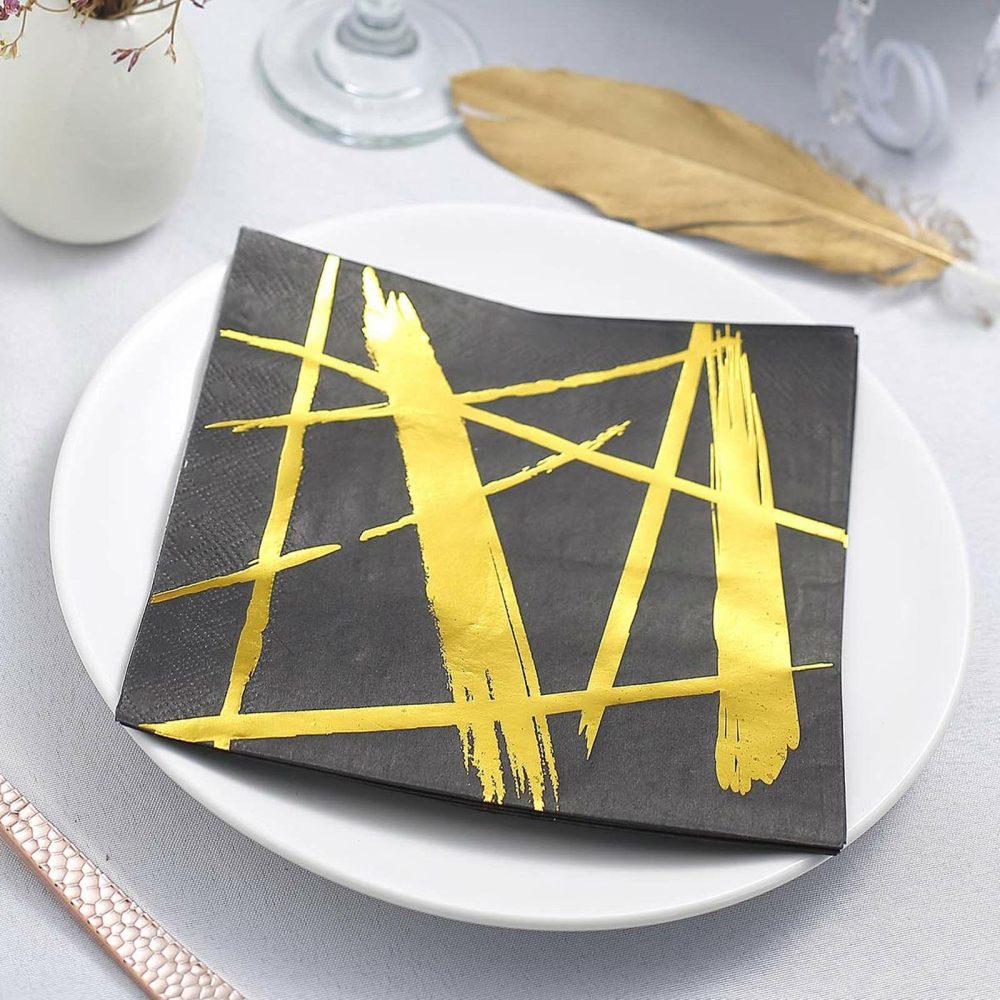 20 Pack Metallic Gold Streak Design Black Paper Dinner Napkins, Wedding Cocktail Napkins 3 Ply  |   Paper Napkins Paper Napkins Gold Streaks