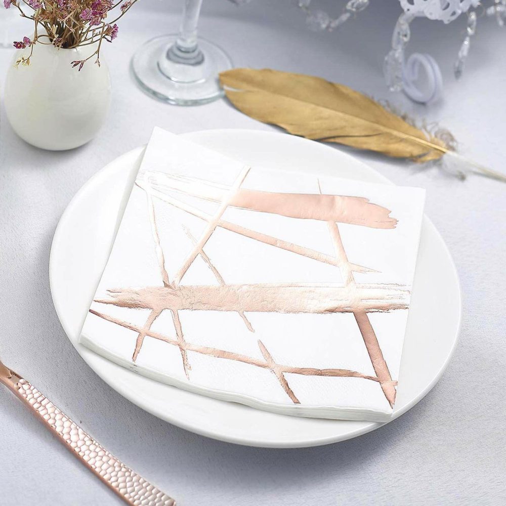 20 Pack Metallic Rose Gold Streak White Paper Dinner Napkins, Wedding Cocktail Napkins 3 Ply  |   Paper Napkins Paper Napkins Paper Napkins