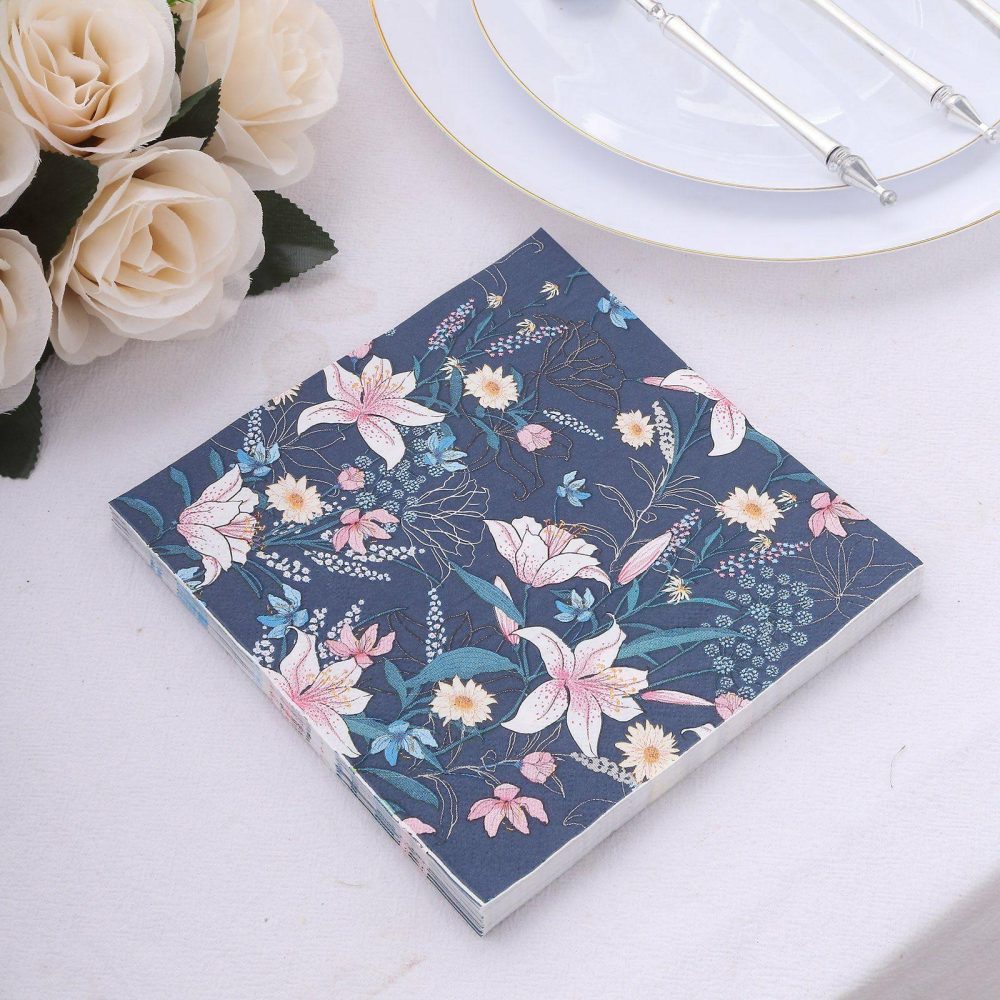 20 Pack Navy Blue Water Lilly Floral Paper Cocktail Napkins, Soft 2-Ply Disposable Beverage Napkins 6.5″x6.5″  |   Paper Napkins Paper Napkins Paper Napkins