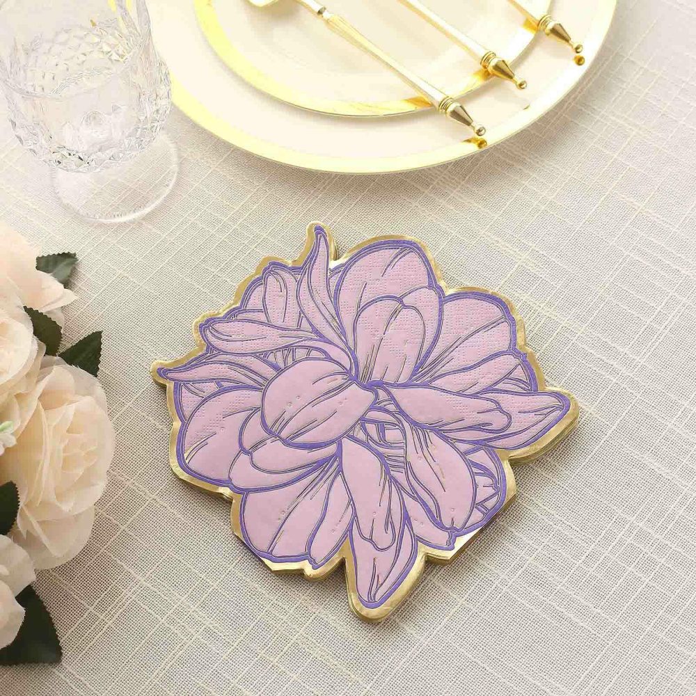 20 Pack Purple Peony Flower Shaped Paper Beverage Napkins with Gold Edges, Disposable Party Cocktail Napkins  |   Paper Napkins Paper Napkins Paper Napkins