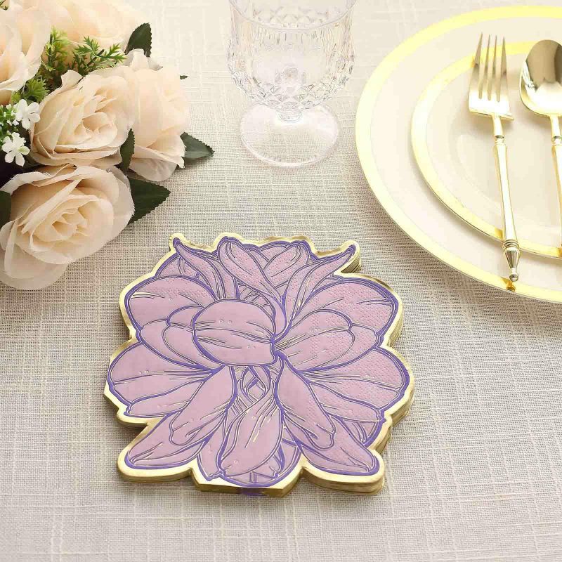 20 Pack Purple Peony Flower Shaped Paper Beverage Napkins with Gold Edges, Disposable Party Cocktail Napkins  |   Paper Napkins Paper Napkins Paper Napkins