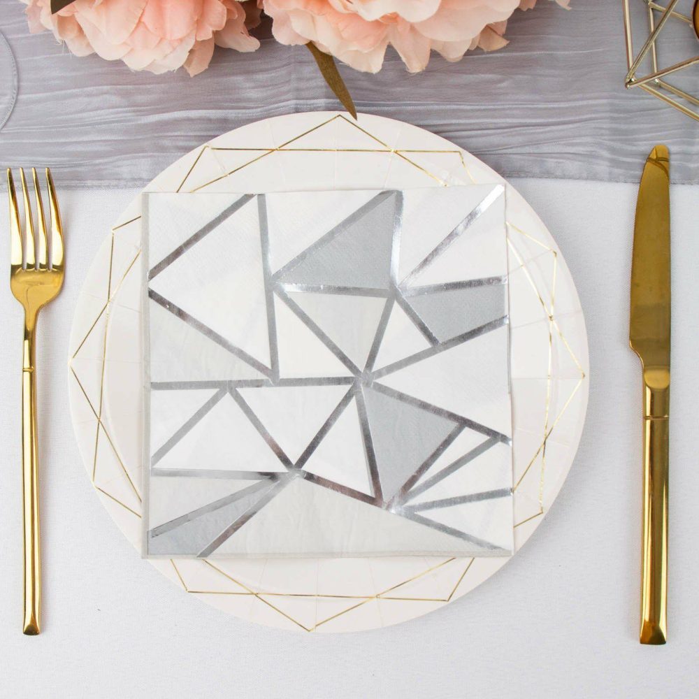 20 Pack Soft Geometric Silver Foil Paper Party Napkins, Wedding Dinner Cocktail Beverage Napkins 2 Ply  |   Paper Napkins Paper Napkins Geometric Triangle Pattern