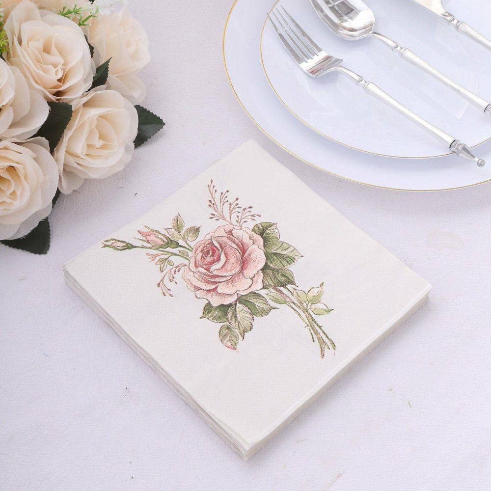 20 Pack Vintage Pink Ivory Rose Paper Beverage Napkins, Elegant Garden Party Disposable Cocktail Napkins 18 GSM  |   Paper Napkins Paper Napkins Paper Napkins