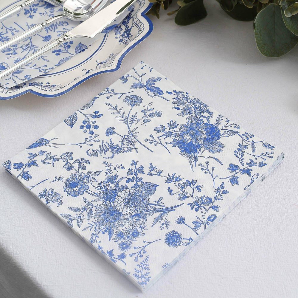 20 Pack White Blue Chinoiserie Floral Print Soft 2-Ply Paper Napkins, Highly Absorbent Disposable Cocktail Beverage Napkins  |   Paper Napkins Paper Napkins Chinoiserie Floral Print