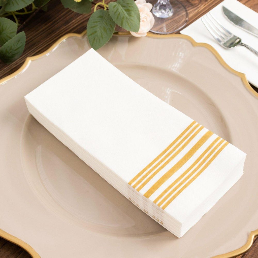 20 Pack White Gold Soft Linen-Like Paper Napkins With Gold Lines, Highly Absorbent Disposable Airlaid Dinner Napkins – 8″x4″  |   Airlaid Paper Napkins Airlaid Paper Napkins Airlaid Paper Napkins