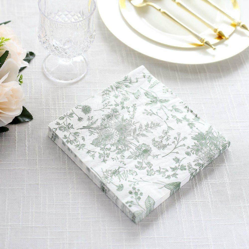 20 Pack White Sage Green Floral Print Paper Beverage Napkins, Soft 2-Ply Highly Absorbent Disposable Cocktail Napkins  |   Paper Napkins Paper Napkins Paper Napkins