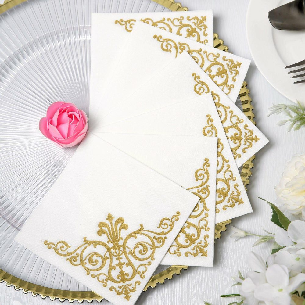 20 Pack White Soft Linen-Like Airlaid Paper Cocktail Napkins With Gold Fleur Vintage Design – 5″x5″  |   Airlaid Paper Napkins Airlaid Paper Napkins Airlaid Paper Napkins