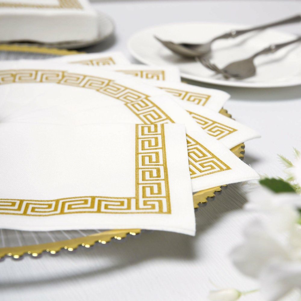 20 Pack White Soft Linen-Like Airlaid Paper Cocktail Napkins With Gold Greek Key Design – 5″x5″  |   Airlaid Paper Napkins Airlaid Paper Napkins Airlaid Paper Napkins