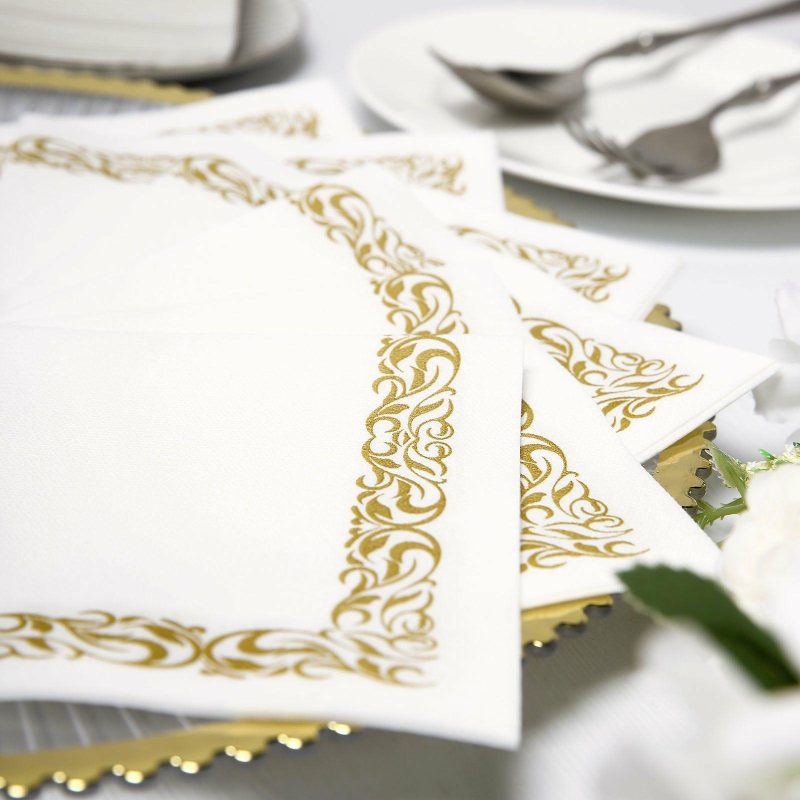 20 Pack White Soft Linen-Like Airlaid Paper Cocktail Napkins With Gold Scroll Floral Design – 5″x5″  |   Airlaid Paper Napkins Airlaid Paper Napkins Airlaid Paper Napkins