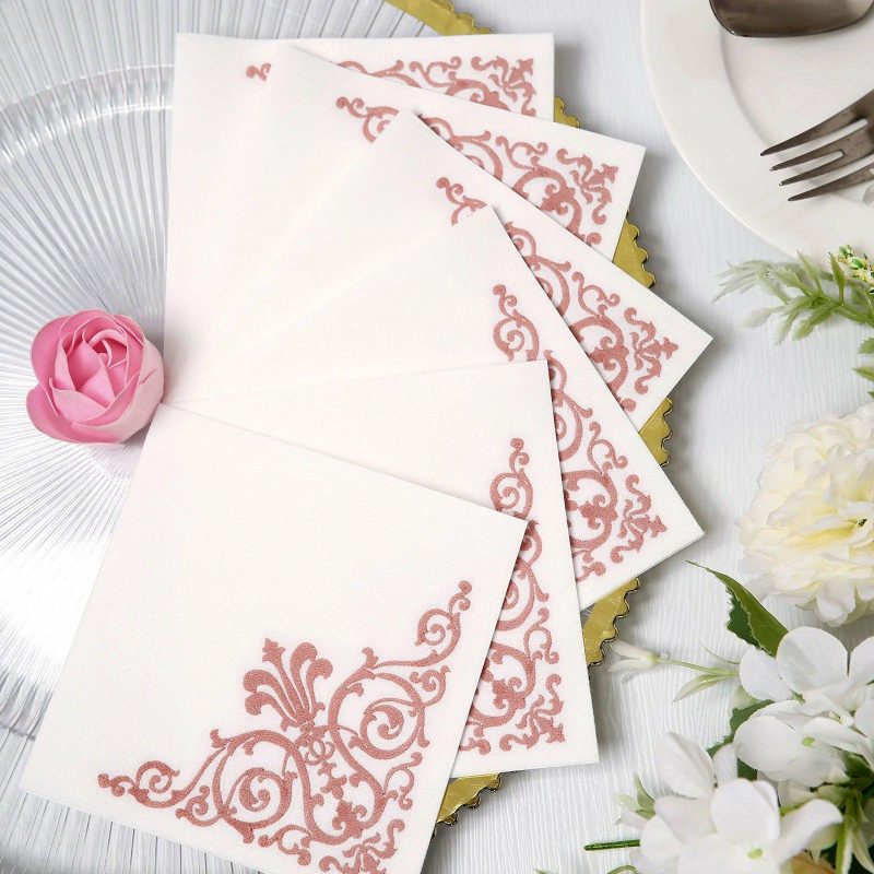 20 Pack White Soft Linen-Like Airlaid Paper Cocktail Napkins With Rose Gold Fleur Vintage Design – 5″x5″  |   Airlaid Paper Napkins Airlaid Paper Napkins Airlaid Paper Napkins