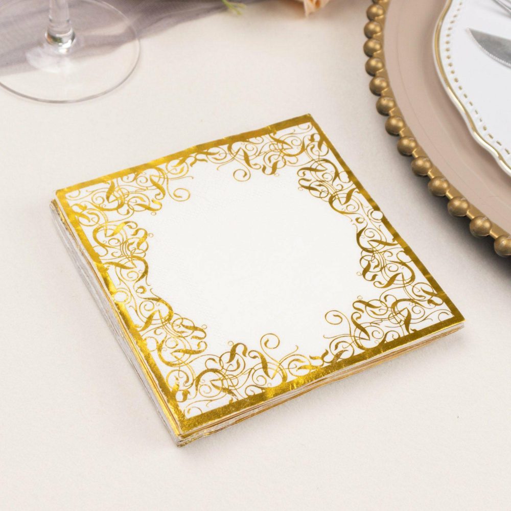 20 Pack White Soft Paper Beverage Napkins with Gold Foil Lace Design, 3 Ply European Style Wedding Cocktail Napkins 18 GSM  |   Paper Napkins Paper Napkins Gold Lace