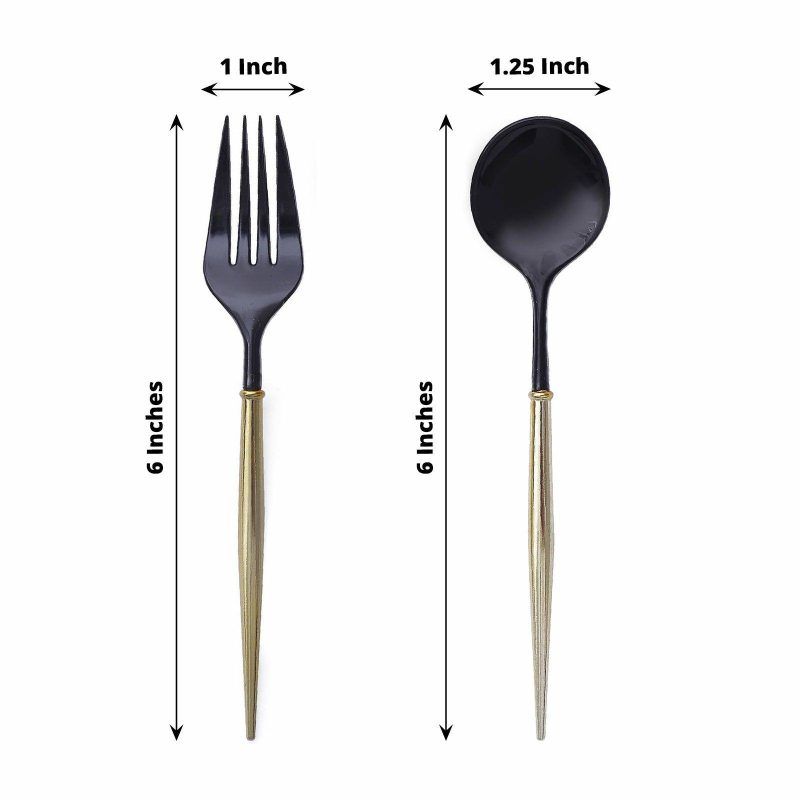 24 Pack Black / Gold Premium Plastic Fork / Spoon Utensil Set, Modern Heavy Duty Disposable Silverware 6″  |   Cutlery Cutlery Black/Gold