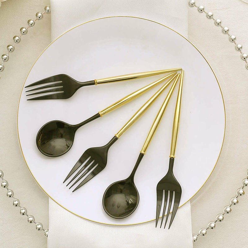 24 Pack Black / Gold Premium Plastic Fork / Spoon Utensil Set, Modern Heavy Duty Disposable Silverware 6″  |   Cutlery Cutlery Black/Gold