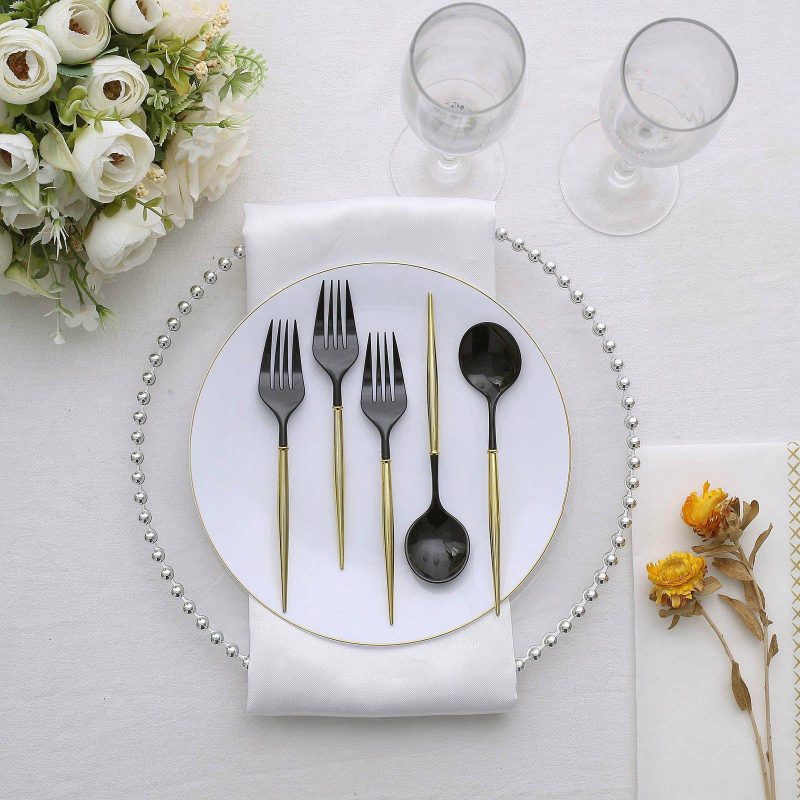 24 Pack Black / Gold Premium Plastic Fork / Spoon Utensil Set, Modern Heavy Duty Disposable Silverware 6″  |   Cutlery Cutlery Black/Gold