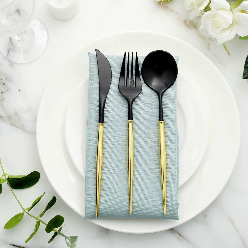 24 Pack Black Modern Flatware Set, Heavy Duty Plastic Silverware With Gold Handle 8″  |   Cutlery Cutlery Black/Gold