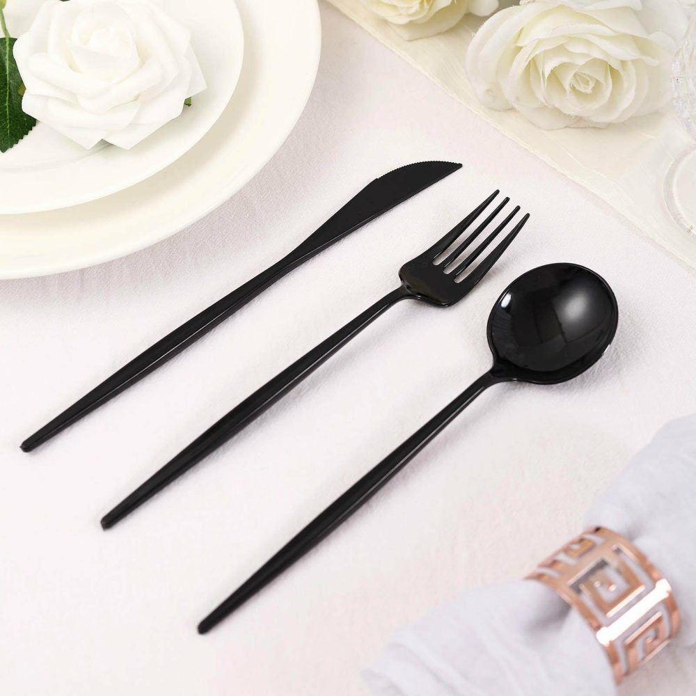 24 Pack Black Sleek Modern Plastic Silverware Set, Premium Disposable Knife, Spoon & Fork Set 8″  |   Cutlery Cutlery Black