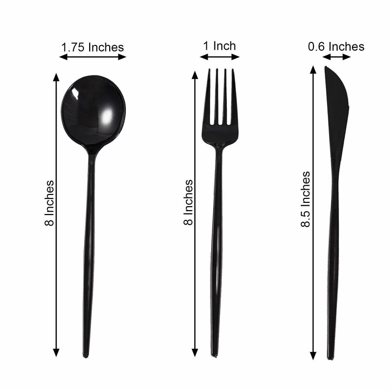 24 Pack Black Sleek Modern Plastic Silverware Set, Premium Disposable Knife, Spoon & Fork Set 8″  |   Cutlery Cutlery Black