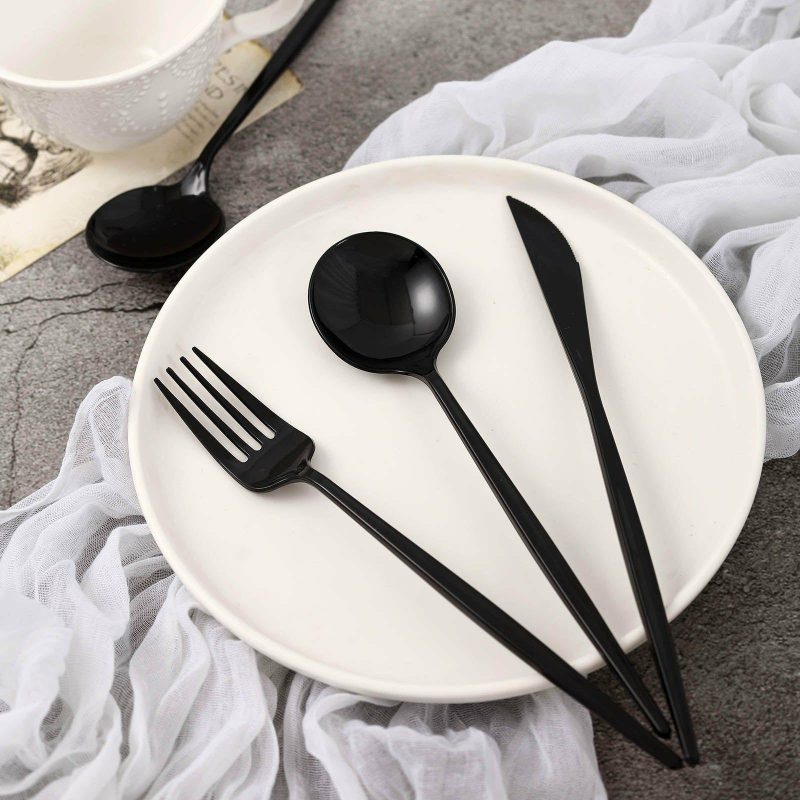 24 Pack Black Sleek Modern Plastic Silverware Set, Premium Disposable Knife, Spoon & Fork Set 8″  |   Cutlery Cutlery Black