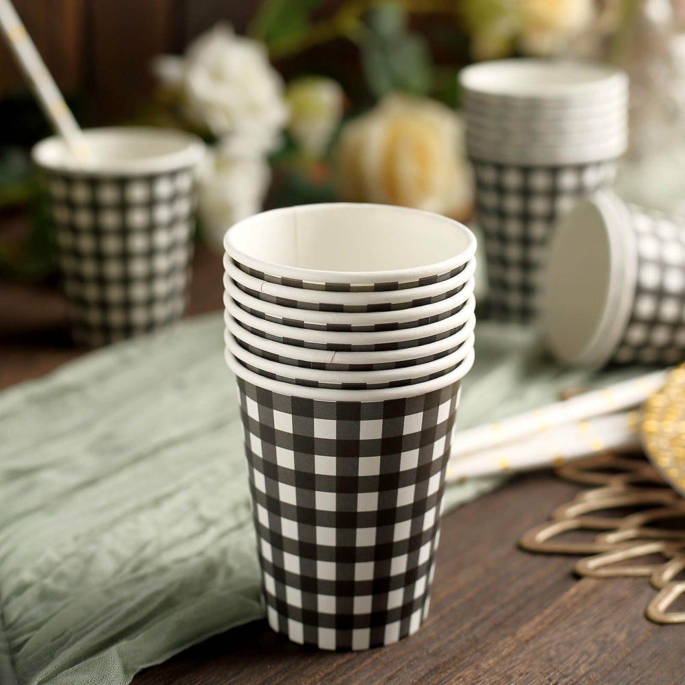 24 Pack Black/White Checkered Paper Cups, Disposable Cups For Picnic, Birthday Party and All Purpose Use – Gingham Design 9oz  |   Paper Cups Disposable Cups Black/White