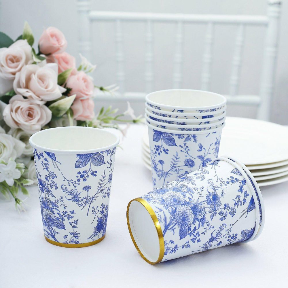 24 Pack Blue Chinoiserie Floral Paper Cups with Gold Rim, Elegant Disposable Party Cups 9oz  |   Paper Cups Disposable Cups Chinoiserie Floral Print