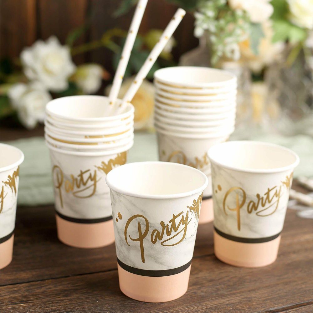 24 Pack Blush Marble Paper Cups, Disposable Cups For Party and All Purpose Use 9oz  |   Paper Cups Disposable Cups Paper Cups