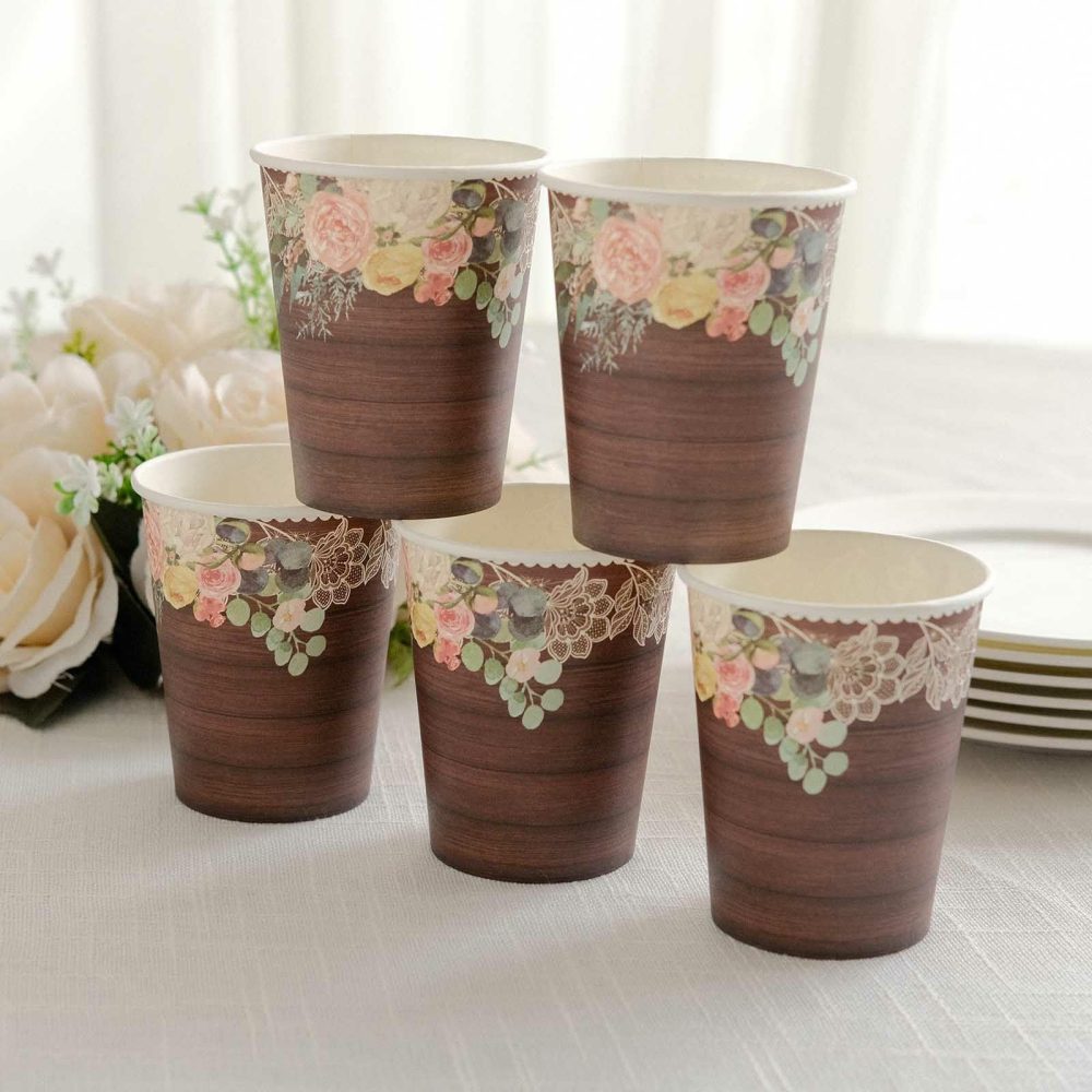 24 Pack Brown Rustic Wood Print Paper Cups with Floral Lace Rim, Disposable Party Cups – 9oz  |   Paper Cups Disposable Cups Paper Cups