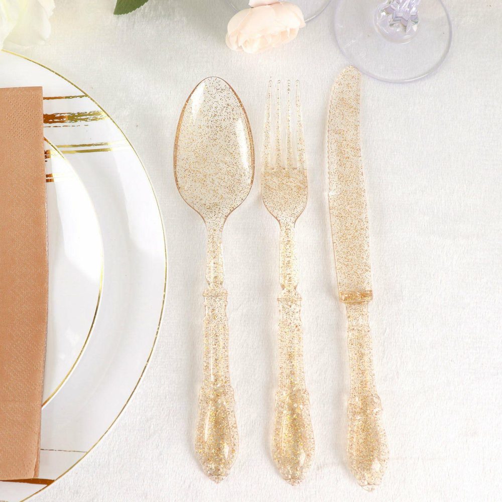 24 Pack Clear Gold Glittered Heavy Duty Plastic Utensil Set, Disposable Silverware  |   Cutlery Cutlery Clear / Gold Glitter