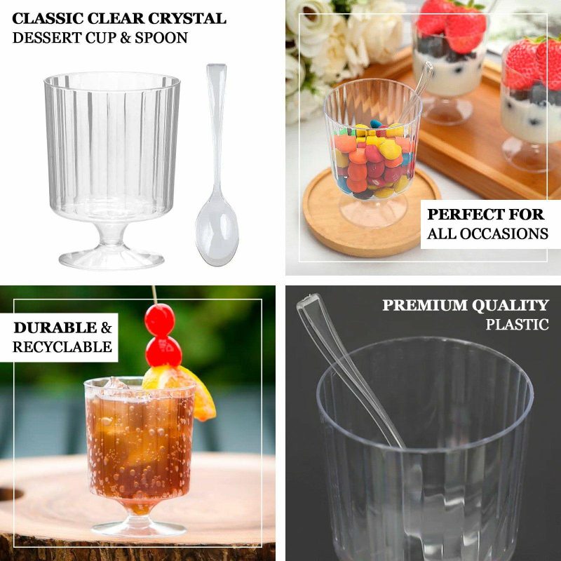 24 Pack Clear Mini Ribbed Pedestal Plastic Dessert Cups With Spoons, Disposable Snack Cup Spoon Sets 5oz  |   Shot Glasses & Dessert Cups Disposable Cups Shot Glasses & Dessert Cups